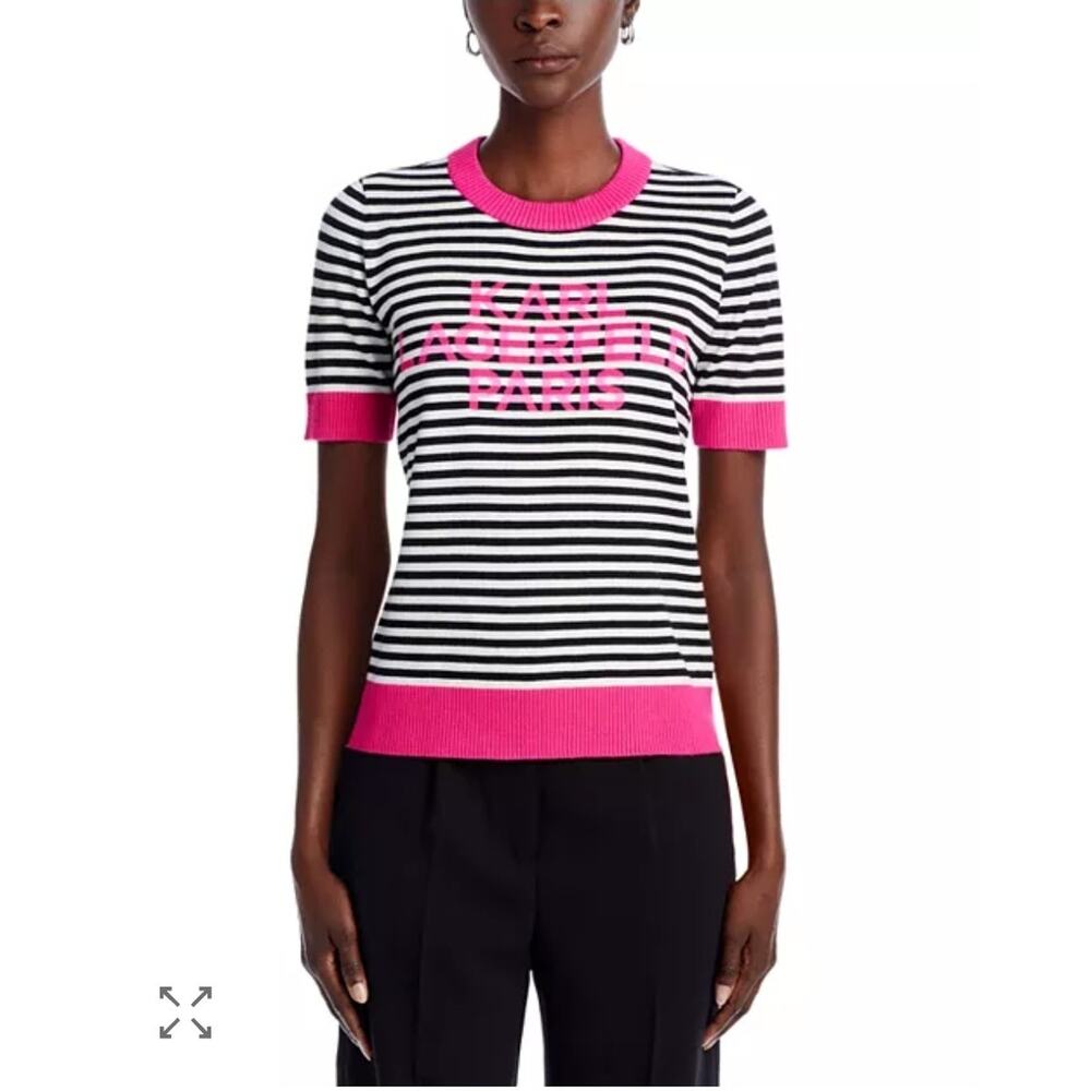Karl Lagerfeld Paris Stripe Logo Short Sleeve Knit Sweater Pink Trim Size Small